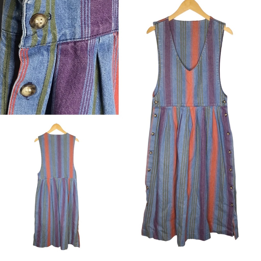 Vintage denim dress Stripe Long Button Through  Jumper Sleeveless Summer